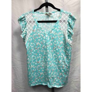 BiB! Women's Turquoise Leopard Print Lace Flutter Sleeve V Neck Top Size Large